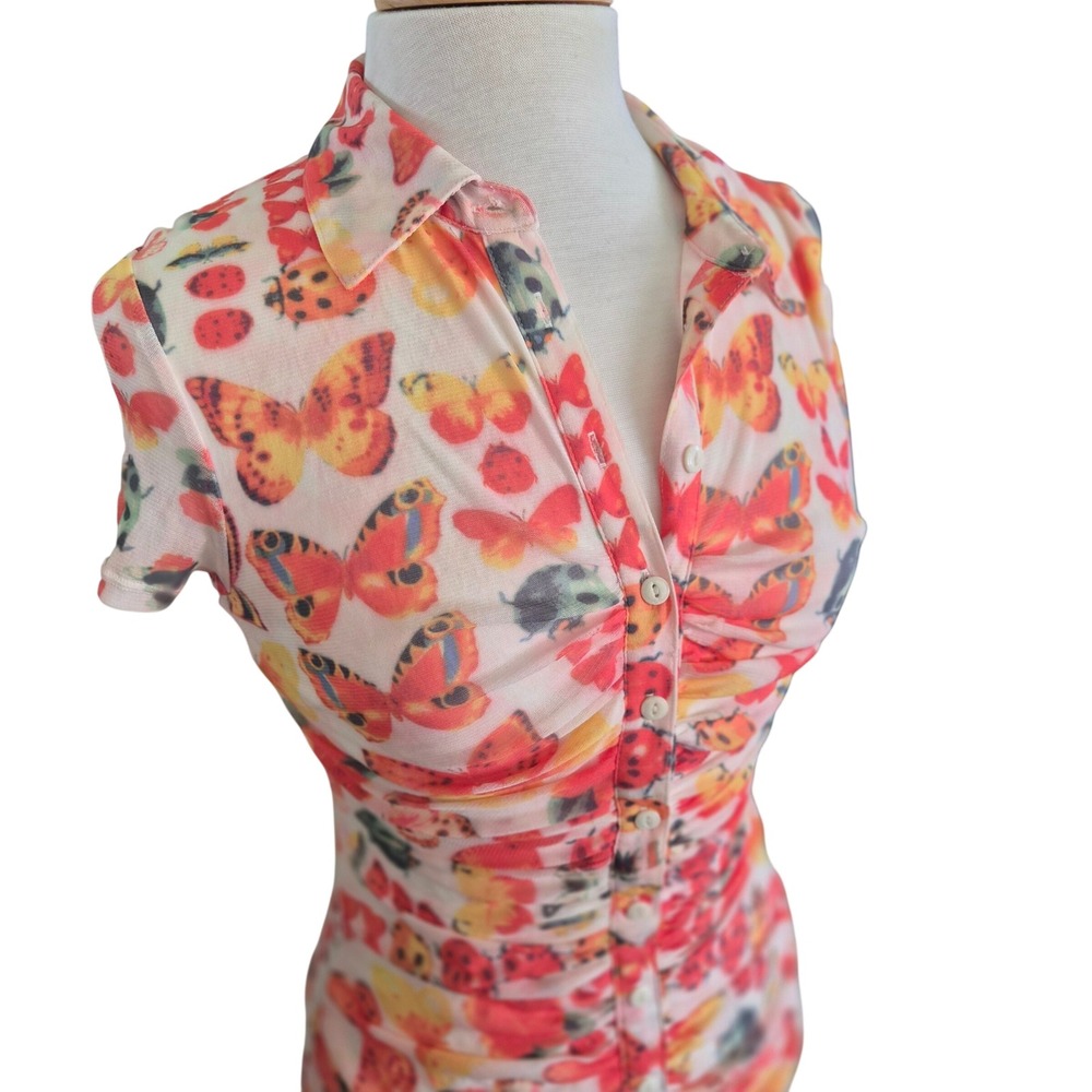 Urban Outfitters Butterfly Ladybug Mesh Ruched Mini Dress Button Front Small